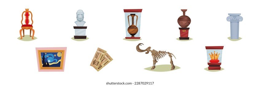 Museum Ancient Artifacts and Archaeological Exhibit Elements Vector Set