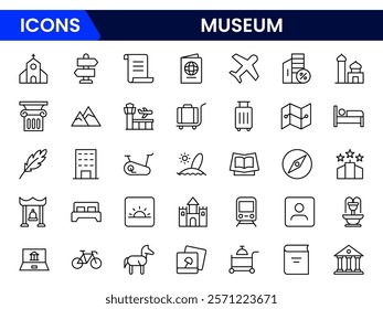 Museum ancient exhibit and service for tourist visit line icons set. Classic pillar, sculpture and painting, book and jewel, museum staff badge thin black and red outline symbols vector illustration