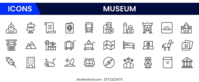 Museum ancient exhibit and service for tourist visit line icons set. Classic pillar, sculpture and painting, book and jewel, museum staff badge thin black and red outline symbols vector illustration