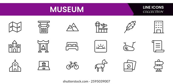 Museum ancient exhibit and service for tourist visit line icons set. Classic pillar, sculpture and painting, book and jewel, museum staff badge thin black and red outline symbols vector illustration