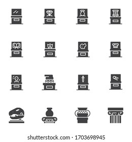 Museum ancient exhibits vector icons set, modern solid symbol collection, filled style pictogram pack. Signs, logo illustration. Set includes icons as ancient amphora, dinosaur, architecture column
