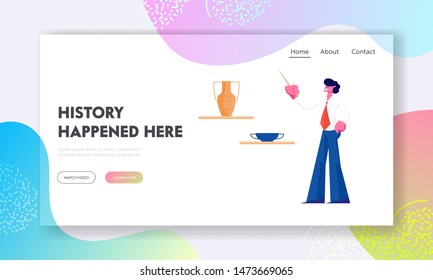 Museum of Ancient History Website Landing Page. Guide Man, Historian Teacher, Tell Lecture with Pointer about Old Vases. Education, Tourism, Activity Web Page. Cartoon Flat Vector Illustration, Banner