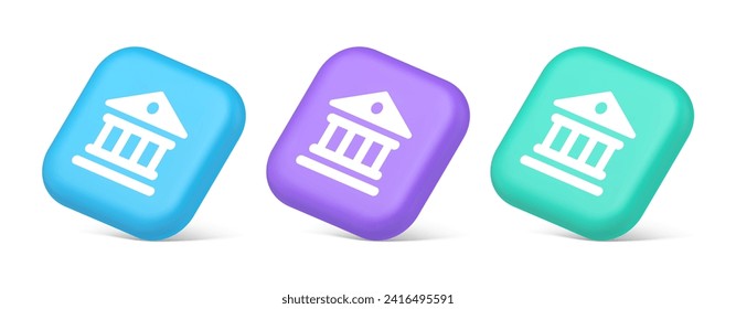 Museum antique building columns button gallery mythology civilization house 3d realistic blue purple and green icons. Courthouse ancient bank historical culture web app