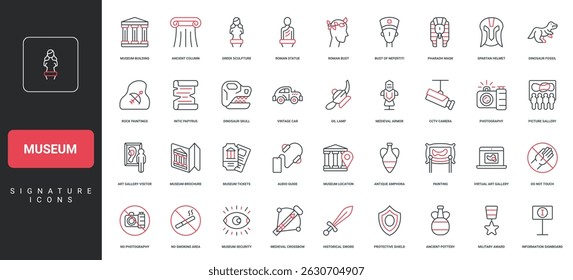Museum, art gallery, antique exhibits, exposition visual tour and audio guide line icon set. Greek column and Roman bust, old car, info signs, painting thin black and red symbols vector illustration