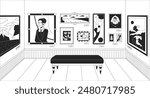 Museum art gallery black and white line illustration. Famous paintings on walls 2D interior monochrome background. Exhibit heritage exposition. Artwork exhibition outline scene vector image