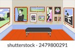 Museum art gallery cartoon flat illustration. Famous paintings on walls 2D line interior colorful background. Exhibit heritage exposition. Artwork exhibition scene vector storytelling image