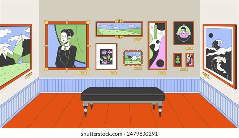 Museum art gallery cartoon flat illustration. Famous paintings on walls 2D line interior colorful background. Exhibit heritage exposition. Artwork exhibition scene vector storytelling image