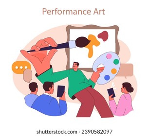 Museum or art gallery. Dynamic performance art with an expressive artist drawing a painting, while visitors taking a photos or streaming a live video. Flat vector illustration
