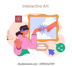 Museum or art gallery. Enthusiastic woman wearing a VR glasses interact with art, connecting with the digital canvas through touch. Virtual exhibit. Flat vector illustration
