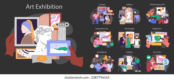 Museum or art gallery exhibition dark or night mode set. Visitors exploring contemporary and classic art installation. Curator guiding a excursion with interactive displays. Flat vector illustration