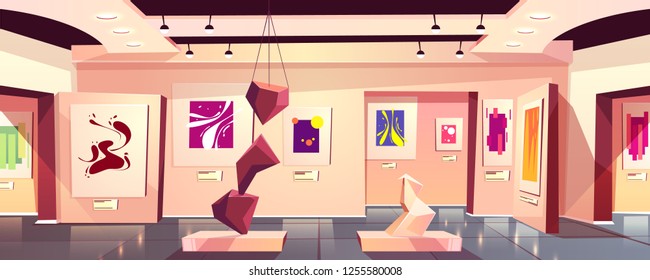 Museum or art gallery exhibition interior cartoon vector with contemporary and abstract art colorful paintings collection on walls and geometrical sculptures visual performance in hall illustration.