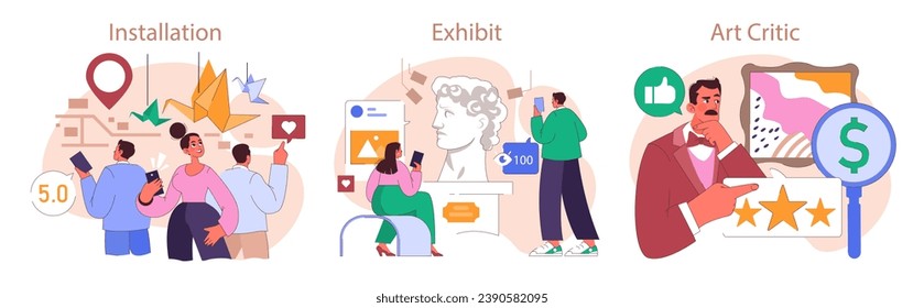 Museum or art gallery exhibition set. Visitors exploring diverse artworks. Curator guiding a excursion with interactive displays. Contemporary and classic art installation. Flat vector illustration