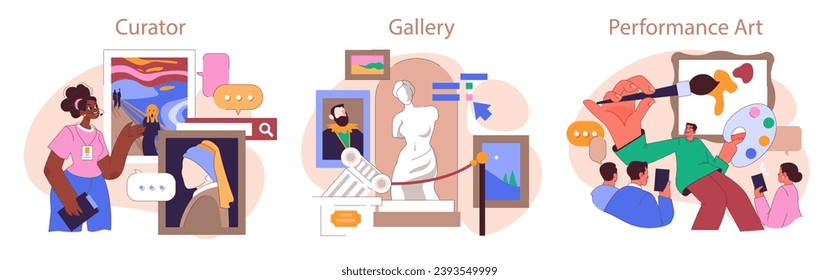 Museum or art gallery exhibition set. Visitors exploring diverse artworks. Curator guiding a excursion with interactive displays. Contemporary and classic art installation. Flat vector illustration