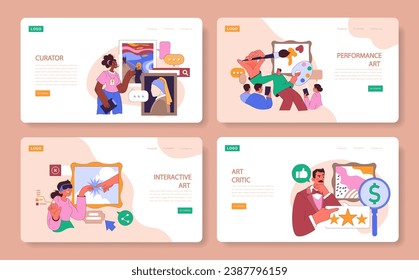 Museum or art gallery exhibition web or landing set. Visitors exploring diverse artworks. Curator guiding a excursion. Contemporary and classic art installation. Flat vector illustration