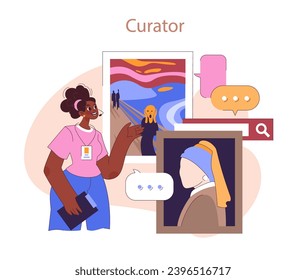 Museum or art gallery. Female curator enthusiastically discusses artworks, engaging viewers with classic masterpieces. Culture and history of arts educational course. Flat vector illustration