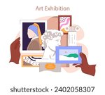 Museum or art gallery. Hands showcase diverse art pieces at an exhibition, presenting classic sculptures to modern paintings. Flat vector illustration