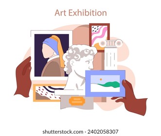 Museo o galería de arte. Las manos exhiben diversas obras de arte en una exposición que presenta esculturas clásicas a pinturas modernas. Ilustración vectorial plana