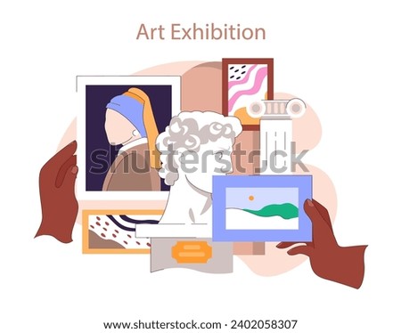 Museum or art gallery. Hands showcase diverse art pieces at an exhibition, presenting classic sculptures to modern paintings. Flat vector illustration