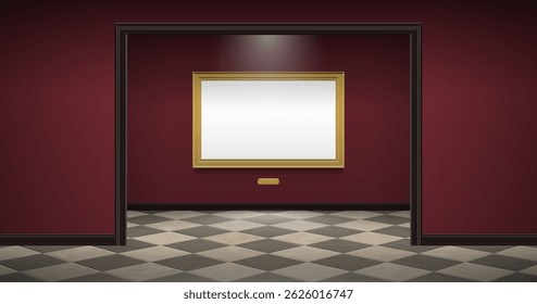 Interior de la Galería del arte del museo con el marco de oro en blanco en la Ilustración vectorial de la maqueta del piso de los azulejos de la pared