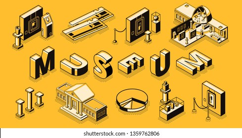 Museum or art gallery isometric vector concept with museum cross section building, paintings and sculpture exposition elements, paper tickets, line art illustration. Touristic attraction and culture