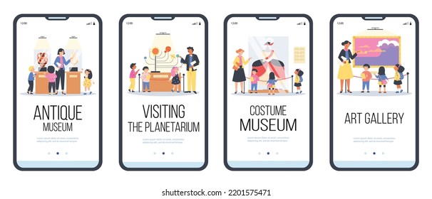 Museum And Art Gallery, Planetarium Tours And Lessons For Kids Onboarding Screens, Flat Cartoon Vector Illustration. Mobile App Page Design For Kids Excursion Booking.