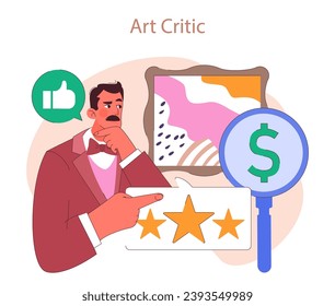 Museum or art gallery. Thoughtful art critic evaluates modern painting, contemplating value and feedback. Magnifying glass reveals an artwork price. Flat vector illustration