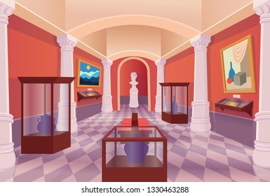 Museum art gallery vector cartoon interior. 