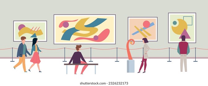 Museum. Art gallery. Visitors of modern exhibition, tourists looking at pictures. Men and women enjoy watching contemporary artworks. People on excursion. Cartoon isolated vector illustration