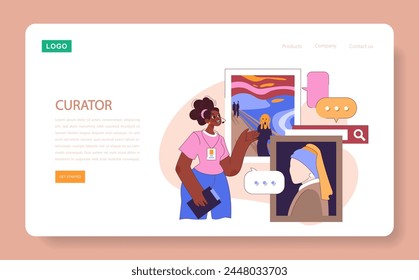 Museum or art gallery web or landing. Female curator discusses artworks, engaging viewers with classic masterpieces. Culture and history of arts educational course. Flat vector illustration