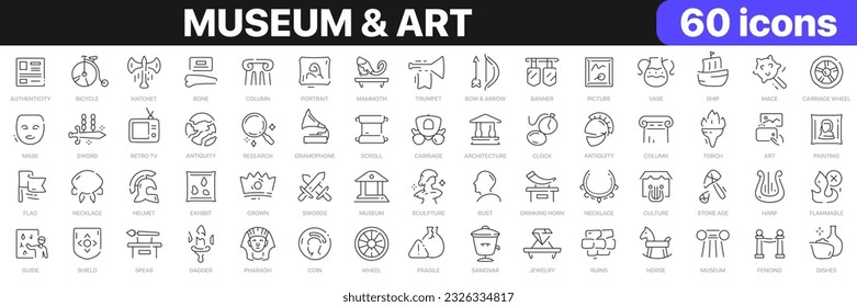 Colección de iconos de línea de arte y museo. Espadas, antigüedades, jarrón, cultura, iconos de columna. conjunto de iconos de la interfaz de usuario. Paquete de iconos de contorno delgado. Ilustración del vector EPS10