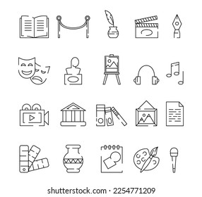 Museum art. Paint artist icons. Line sculpture or statue. Visual antique symbols. Theater and cinema. Sculptor or creator masterpieces. Palette and brush. Vector garish pictograms set