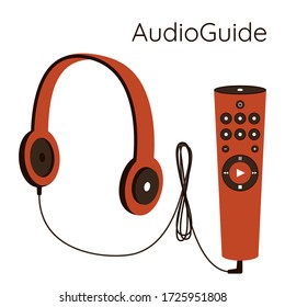 Museum audio guide. Headphones with a wire are connected to a gadget with control buttons.Self-guided tour of the Museum. Vector illustration in blue color scheme. Isolated on a white background.