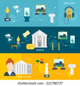 Museum audio guide icons horizontal banner set isolated vector illustration