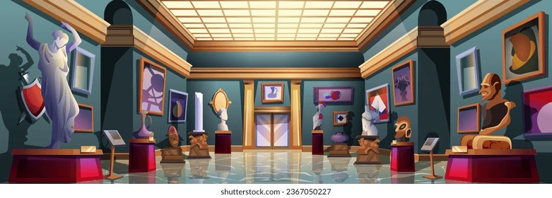 Museum background banner in flat cartoon design. Exhibition room interior poster with ancient statues and sculptures, masks and vases on pedestals, paintings on wall, marble floor. Vector illustration