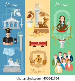 Museum banner antiquity and natural science exposition ancient civilizations tour guide at the museum group excursions vector illustration 