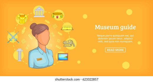 Museum banner horizontal concept guide. Cartoon illustration of museum guide banner horizontal vector for web