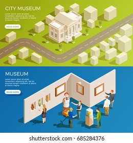 Museum banner isometric collection with simplified urban scenery and antique exhibition space with read more button vector illustration