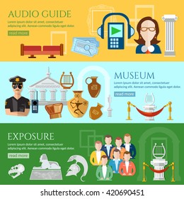 Museum banner tour guide group of tourists gallery people museum history and culture of civilization vector 