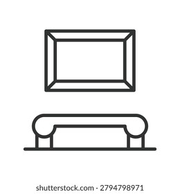 Museum bench, icon in line design. museum, bench, gallery, interior, exhibition, art, culture on white background vector. Museum bench editable stroke icon