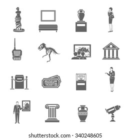 Museum black icons set with fine art objects and visitors isolated vector illustration