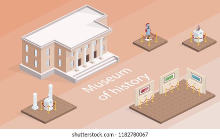 Museum building and exhibition isometric vector illustration. Isolated gallery elements with history pictures and exhibits of warrior armor or antique culture architecture on pedestal stands