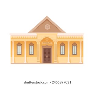 Museum building facade. Gallery entrance front view with columns. Cartoon vector illustration isolated on white background. Historical house in city center. Urban infrastructure infographics.