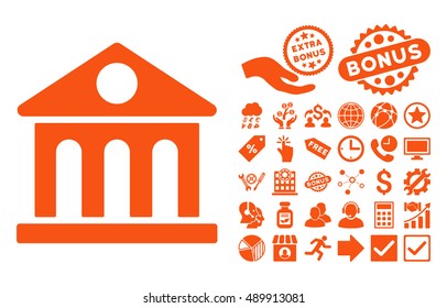 Museum Building icon with bonus elements. Vector illustration style is flat iconic symbols, orange color, white background.