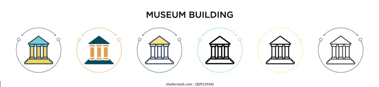 Museum building icon in filled, thin line, outline and stroke style. Vector illustration of two colored and black museum building vector icons designs can be used for mobile, ui, web