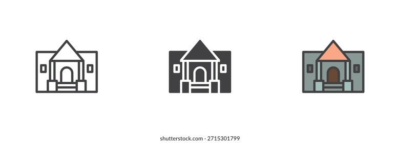 Museum building icon set in line, solid and filled outline colorful styles. History exhibition vector sign and symbol icon, color illustration connected to prehistoric artifacts.