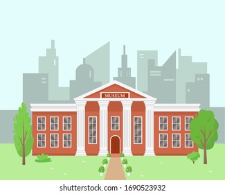 Museum building in the modern city. City landscape background vector illustration.