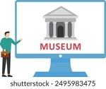 Museum building on computer screen. Interactive museum exhibition. Online gallery.

