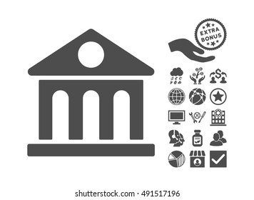 Museum Building pictograph with bonus design elements. Vector illustration style is flat iconic symbols, gray color, white background.