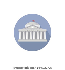 museum building sign in circle. Classical Greece Roman architecture in white with Ionic columns, clock. web icon, isolated vector illustration