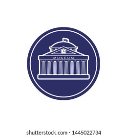 museum building sign in circle. Classical Greece Roman architecture with Ionic columns, clock. web icon, monochrome isolated vector illustration